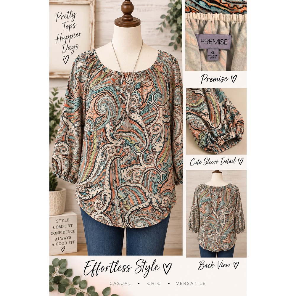 Premise Womens XL Paisley Off Shoulder Blouse Orange Teal Boho Puff Sleeve Top